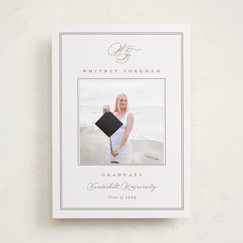 This is a cinnamon graduation announcements with letterpress by Amy Kross called simple edge printing on white cotton in photo_mount