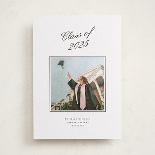 This is a soft black graduation announcements with letterpress by Olivia Kanaley Inman called hayworth printing on white cotton in photo_mount