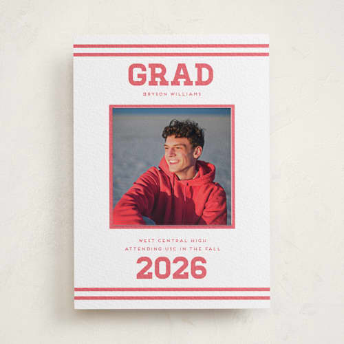 This is a maraschino graduation announcements with letterpress by Louise Kay called team grad printing on white cotton in photo_mount