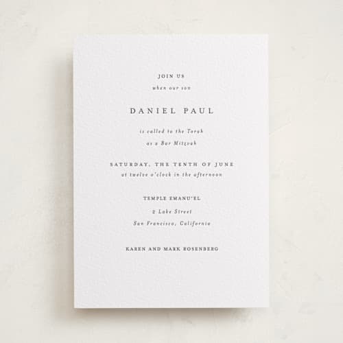 This is a soft black bar mitzvah bat mitzvah invitations with letterpress by Design Lotus called a thousand years printing on white cotton in standard