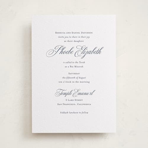 This is a blueberry bar mitzvah bat mitzvah invitations with letterpress by Jennifer Postorino called empire printing on white cotton in standard