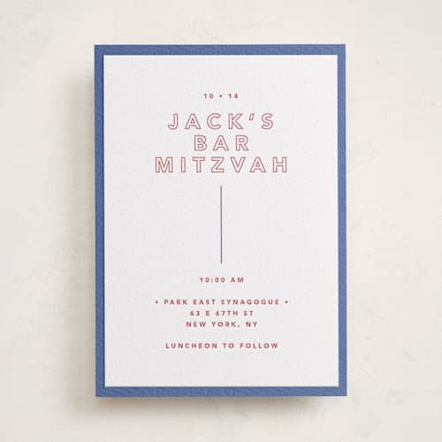 This is a maraschino bar mitzvah bat mitzvah invitations with letterpress by Kindred Fields called color tone printing on white cotton in standard