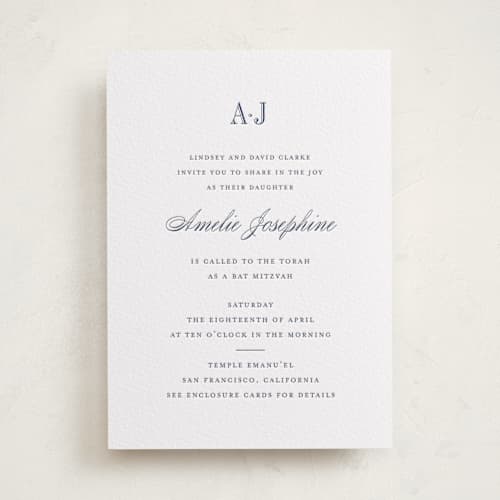 This is a blueberry bar mitzvah bat mitzvah invitations with letterpress by Megan Davis called hepburn printing on white cotton in standard