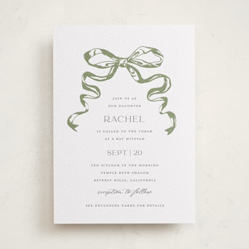 This is a olive bar mitzvah bat mitzvah invitations with letterpress by Teju Reval called big bow printing on white cotton in standard