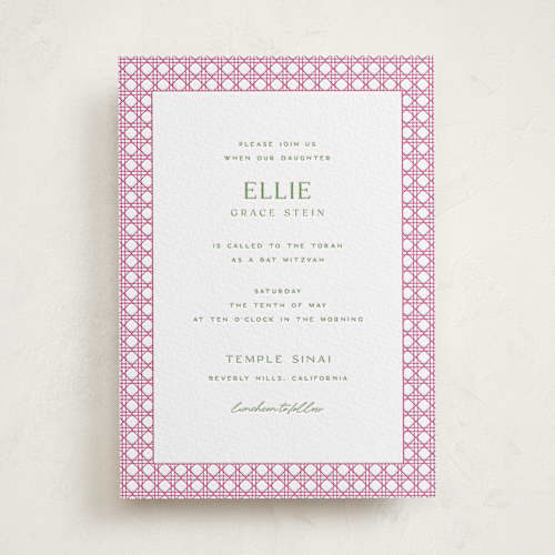 This is a flamingo bar mitzvah bat mitzvah invitations with letterpress by Ellen Schlegelmilch called delicate rattan printing on white cotton in standard