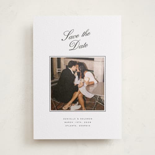 This is a soft black save the date with letterpress by Olivia Kanaley Inman called hayworth printing on luxe white cotton in photo_mount