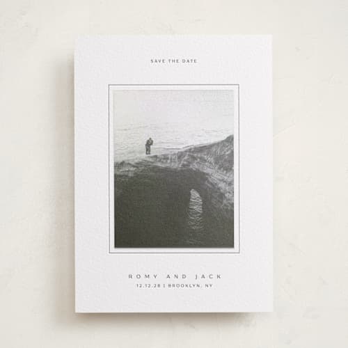 This is a soft black save the date with letterpress by Yuliya Evseeva called breathe love printing on luxe white cotton in photo_mount