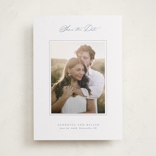This is a pacific blue save the date with letterpress by Stacey Meacham called modern air printing on luxe white cotton in photo_mount