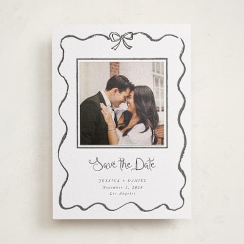 This is a soft black save the date with letterpress by Cass Loh called quirky fun printing on luxe white cotton in photo_mount