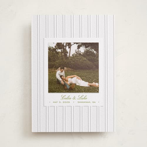 This is a chartreuse save the date with letterpress by Ani Somi called calia printing on luxe white cotton in photo_mount