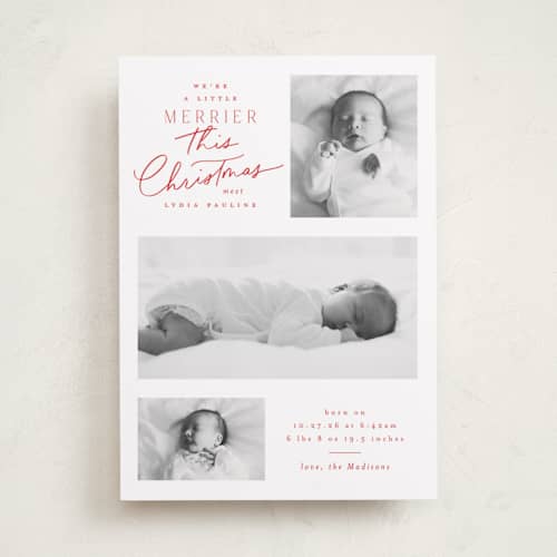 This is a caramel apple babys first christmas with standard by Everett Paper Goods called merrier this year printing on recycled smooth signature in standard