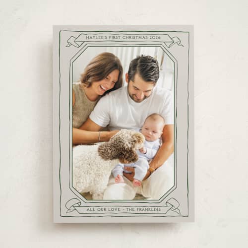 This is a evergreen babys first christmas with standard by Inkblot Design called scroll printing on recycled smooth signature in standard
