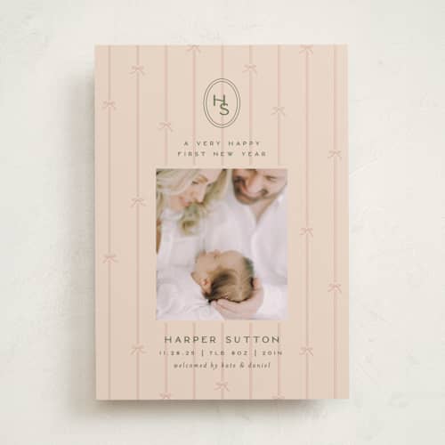 This is a blush babys first christmas with standard by Ellen Schlegelmilch called first christmas monogram printing on recycled smooth signature in standard