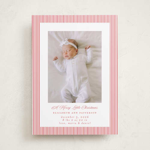 This is a cranberry babys first christmas with standard by Jennifer Holbrook called holiday baby stripes printing on recycled smooth signature in standard