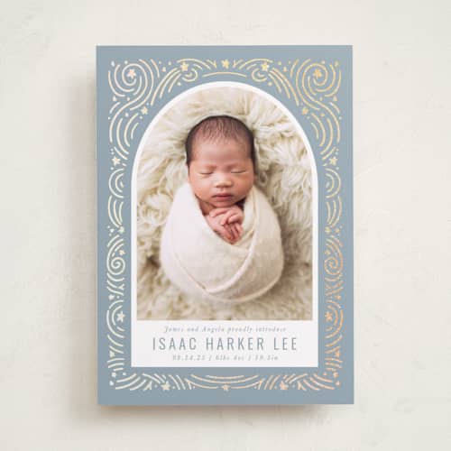This is a slateblue foil stamped birth announcements with foil pressed by Meggy Masters called star bright printing on recycled smooth signature in standard