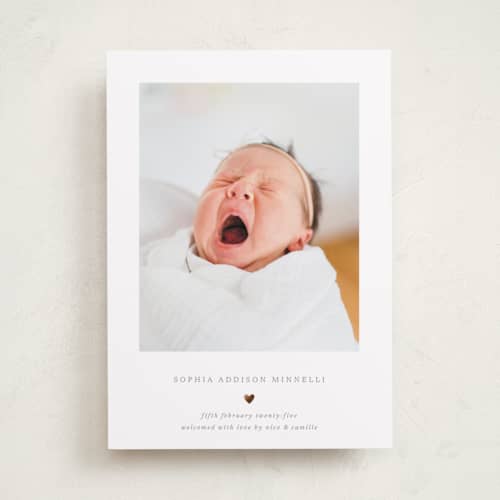 This is a charcoal foil stamped birth announcements with foil pressed by Blustery August called heart printing on recycled smooth signature in standard