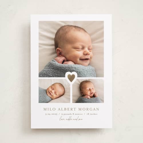 This is a fawn foil stamped birth announcements with foil pressed by Jen Tips called our little sweetheart printing on recycled smooth signature in standard