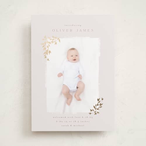 This is a latte foil stamped birth announcements with foil pressed by Kristie Kern called tiny sprigs printing on recycled smooth signature in standard