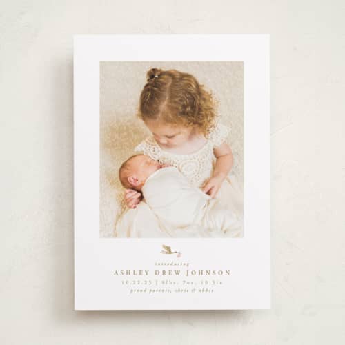 This is a blush foil stamped birth announcements with foil pressed by Carolyn Nicks called new delivery printing on recycled smooth signature in standard