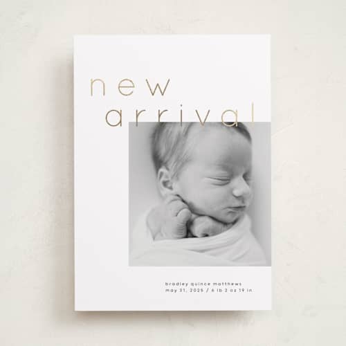 This is a cloud foil stamped birth announcements with foil pressed by Lori Wemple called arrival printing on recycled smooth signature in standard