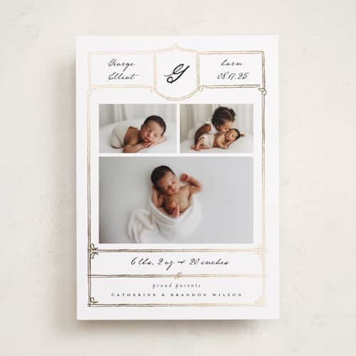 This is a pearl foil stamped birth announcements with foil pressed by Corinne Malesic called antique printing on recycled smooth signature in standard