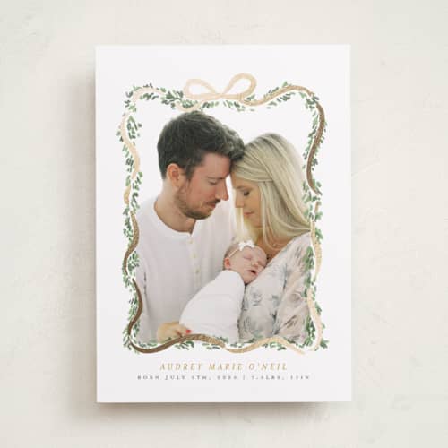 This is a blush foil stamped birth announcements with foil pressed by Itsy Belle Studio called ribbonly frame printing on recycled smooth signature in standard