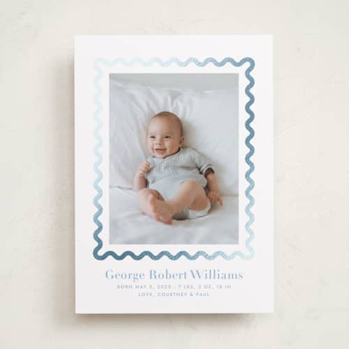 This is a bluebell foil stamped birth announcements with foil pressed by Megan Davis called ric rac printing on recycled smooth signature in standard