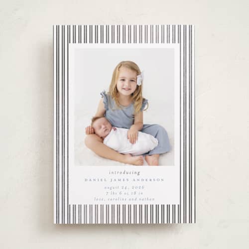 This is a sky foil stamped birth announcements with foil pressed by Jennifer Holbrook called pinstripe frame printing on recycled smooth signature in standard