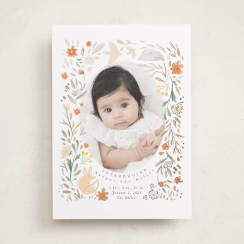 This is a peach foil stamped birth announcements with foil pressed by Hannah Williams called garden fox printing on recycled smooth signature in standard