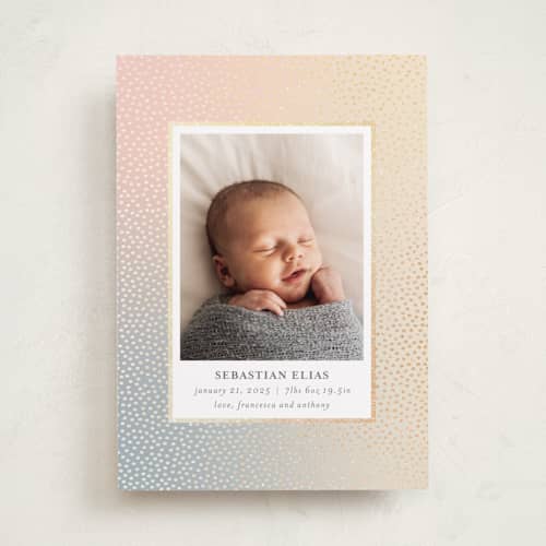 This is a sunrise foil stamped birth announcements with foil pressed by Townsend Majors called mini confetti printing on recycled smooth signature in standard