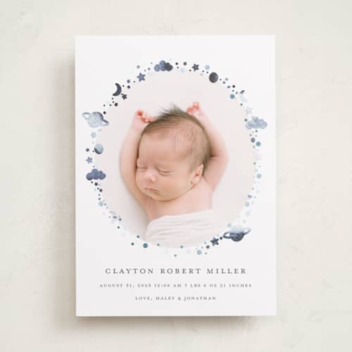 This is a ocean foil stamped birth announcements with foil pressed by Jen Merli called our world printing on recycled smooth signature in standard