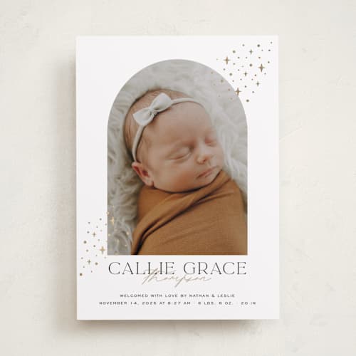 This is a cloud foil stamped birth announcements with foil pressed by Molly Wiggins called starlit sky printing on recycled smooth signature in standard