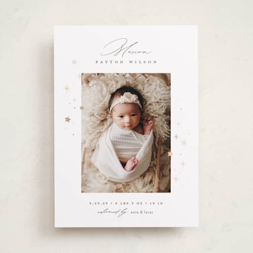 This is a twinkle foil stamped birth announcements with foil pressed by Pixel and Hank called starlight printing on recycled smooth signature in standard