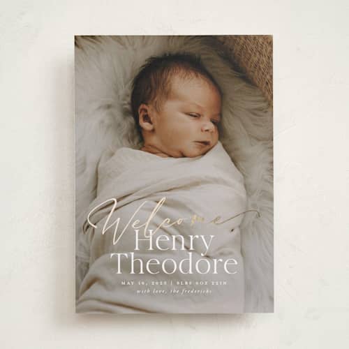 This is a cloud foil stamped birth announcements with foil pressed by Jackie Crawford called scripted welcome printing on recycled smooth signature in standard