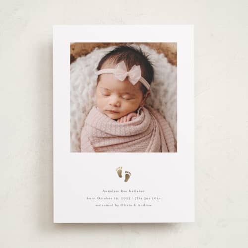 This is a rice foil stamped birth announcements with foil pressed by Melanie Kosuge called sweetness printing on recycled smooth signature in standard