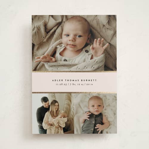 This is a lily foil stamped birth announcements with foil pressed by Ekko Studio called trio printing on recycled smooth signature in standard