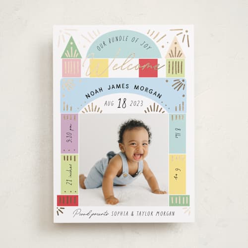This is a pastel foil stamped birth announcements with foil pressed by Elly called toy blocks printing on recycled smooth signature in standard