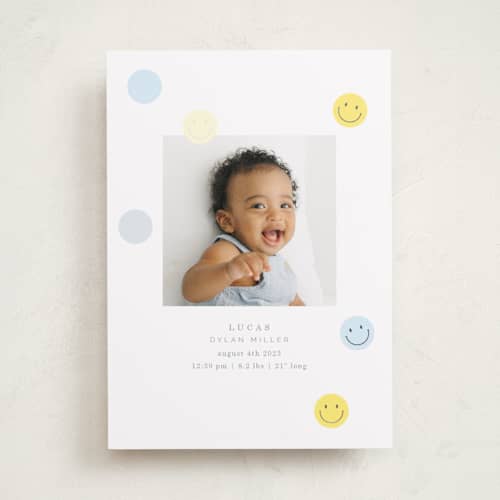 This is a dandelion foil stamped birth announcements with foil pressed by Baumbirdy called smiley face printing on recycled smooth signature in standard
