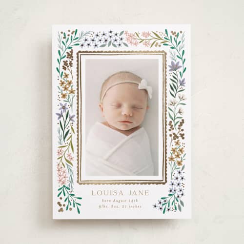 This is a lavender foil stamped birth announcements with foil pressed by Alethea and Ruth called wildflower frame printing on recycled smooth signature in standard