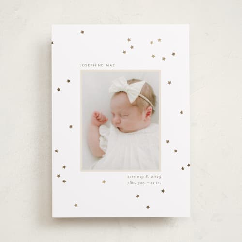 This is a north star foil stamped birth announcements with foil pressed by Ellen Schlegelmilch called twinkly stars printing on recycled smooth signature in standard