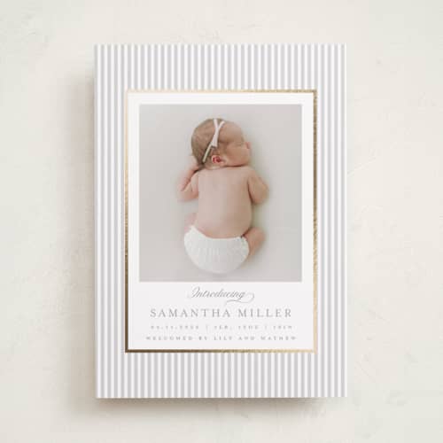 This is a cloud foil stamped birth announcements with foil pressed by Teju Reval called minimal stripes printing on recycled smooth signature in standard