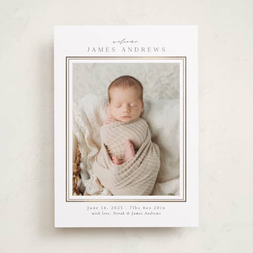 This is a cloud foil stamped birth announcements with foil pressed by Nicole Walsh called classic border printing on recycled smooth signature in standard