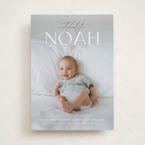 This is a winter foil stamped birth announcements with foil pressed by Itsy Belle Studio called arlo printing on recycled smooth signature in standard