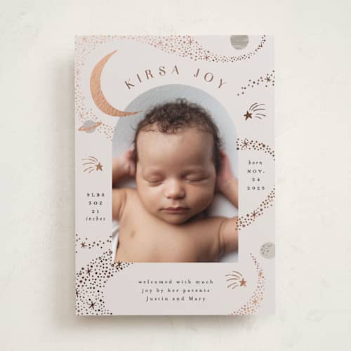 This is a mocha foil stamped birth announcements with foil pressed by Alethea and Ruth called galaxy printing on recycled smooth signature in standard