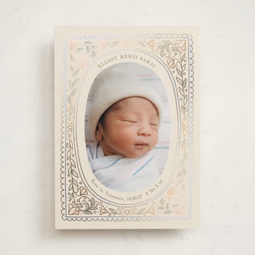 This is a ivory foil stamped birth announcements with foil pressed by Becky Nimoy called scallop watercolor printing on recycled smooth signature in standard
