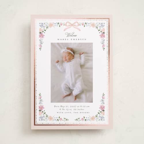 This is a blush foil stamped birth announcements with foil pressed by Itsy Belle Studio called merie printing on recycled smooth signature in standard