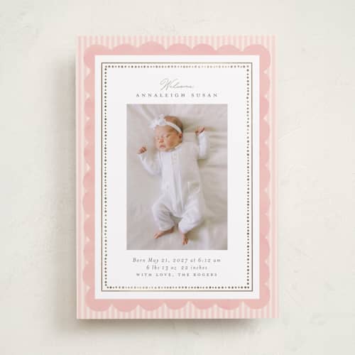 This is a blush foil stamped birth announcements with foil pressed by Itsy Belle Studio called fia printing on recycled smooth signature in standard