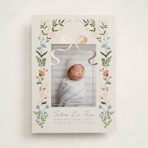 This is a soft linen foil stamped birth announcements with foil pressed by Tasha Meurer called garden lullaby dream printing on recycled smooth signature in standard