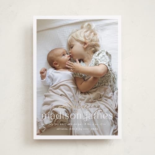 This is a sugar foil stamped birth announcements with foil pressed by Ashley Iwafuchi called loving welcome printing on recycled smooth signature in standard