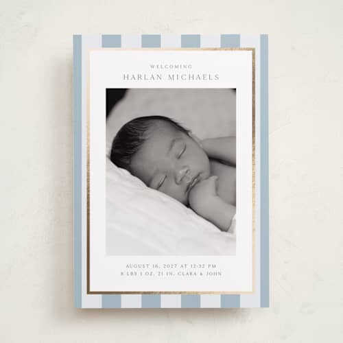 This is a sky foil stamped birth announcements with foil pressed by Nicole Walsh called modern stripe printing on recycled smooth signature in standard